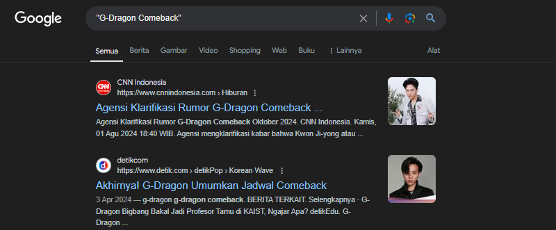 contoh penggunaan tanda kutip pencarian Google dengan contoh G Dragon